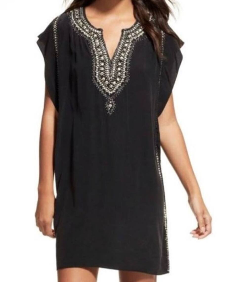 Calypso Charcoal Gray Beaded Silk Kaftan Mini Dress - Medium